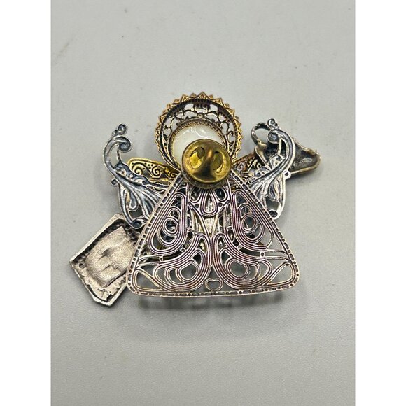 Vintage Assemblage Handmade Angel w Shopping Bag Pin Brooch Filigree Components - Picture 4 of 5